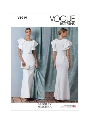 1919 Vogue Badgley Mischka Shoulder Flounce Fit Lined  Floor Dress, Belt Pattern 16-24 New